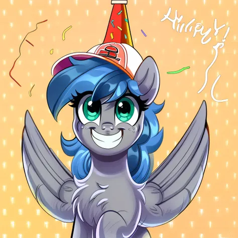 oc:bibbo, blue hair, freckles,grey skin, pegasus, pony, baseball, birthday, chest fluff, commission, cute, hat, high res, looking at you, pegasus oc, simple background, smiling, solo, sports