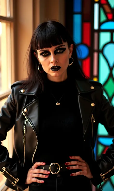 goth woman close up portrait photo, goth makeup, black eyeshadow, wearing black sweater and leather jacket with metal spikessubsurface scattering skin style ,Fujicolor Pro 400H film, near a stained glass window, sun from left side multi colored lights on h...