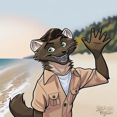 Eddie, male, pine marten, marten, marten boy, tail, fullbody, smiling, waving hello, happy, green eyes, detailed, detailed face, detailed eyes, detailed mouth, detailed teeth, detailed background, outdoors, outside, beach, clothed, excellent detail, perfec...