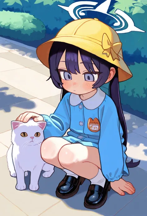 (wamudraws, opossumachine:0.8), (fkey, healthyman:0.6), 1girl, solo, kisaki (kindergarten uniform) (blue archive), halo, yellow hat, name tag, expressionless, squatting, looking down, petting cat, outdoors, park, masterpiece, best quality, paste colors, pa...