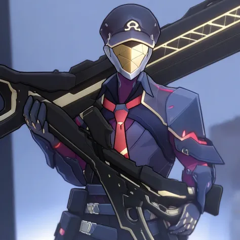 rifle, red necktie, 1boy, weapon, male focus, holding, facial mask, solo