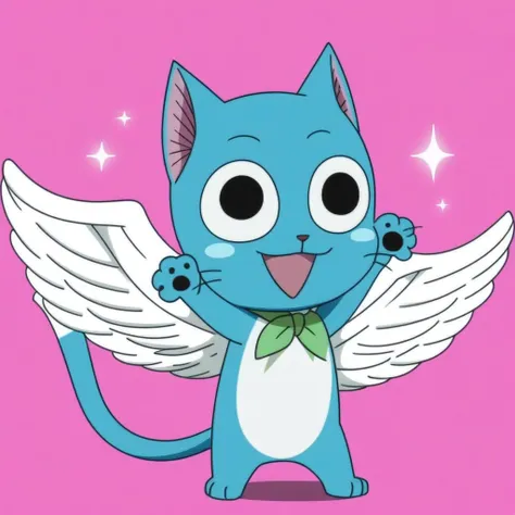 1boy, chibi, cat, happy(fairy tail), wings, no humans, solo, open mouth, simple background, pink background, feathered wings, sparkle, tail, full body, smile, looking at viewer, bow, white wings