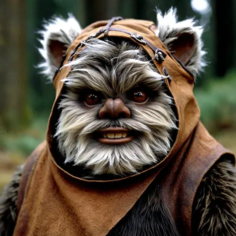 cinematic film still of  <lora:Ewok:1>
Ewok a close up of a person wearing a furry Ewok , detailed, sharp, cinematic, small, furry, mammaloid, bipeds in the Star Wars universe, solo, smile, closed mouth, male focus, facial hair, traditional media, portrait...