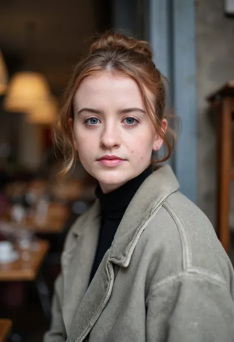 portait of a Máiréad Tyers. (she has her hair in a short ponytail:1.3). she is facing the viewer .shot in a cafe in Italy on a Nikon D3x in RAW full color