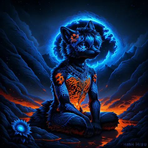 tattoo, 1girl, orange fur, solo, mountain, night, hair flower, water, black fur, upper body, animal ears, furry male, tail, blue theme, sitting, scenery, no humans, multicolored hair, molten rock, jewelry, artist name, neon, moon, furry female