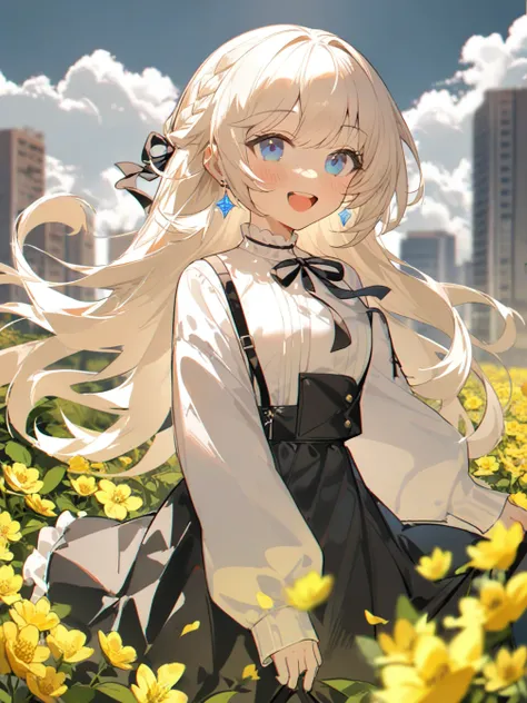 1girl,solo,smile,blue eyes,skirt,long sleeves,sleeves past wrists,:d,suspender skirt,long hair,open mouth,blurry,white hair,suspenders,jewelry,looking at viewer,earrings,blush,braid,black skirt,neck ribbon,off shoulder,flower,shirt,outdoors,puffy long slee...