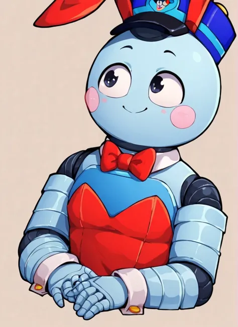 score_9, score_8_up, score_7_up,  <lora:bslou:1>bslou   , 1 girl  , robot, blue hat  ,  blue body , blush stickers,  red bowtie , ,  bare shoulders, playboy bunny,  smile,