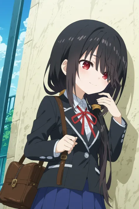 1girl,solo,kurumi tokisaki,long hair,smile,kurumi tokisaki school uniform, tokisaki kurumi, long hair, skirt, black hair, red eyes, long sleeves, ribbon, school uniform, jacket, pleated skirt, bag, hair over one eye, blue skirt,upper body,dutch angle,good_...