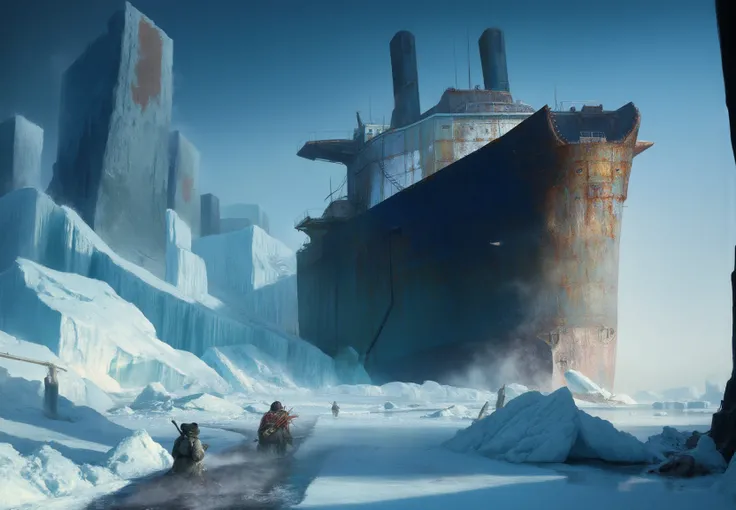 escimo gazes up at a colossal icebreaker ship that is captured in ice. The scene unfolds with meticulous attention to detail: the imposing size of the ship looming. This mesmerizing photograph radiates with vivid colors and sharp contrast. the atmosphere i...