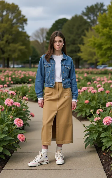 In a vibrant park, a woman wears her Stretch_Skirt with a cropped denim jacket. The casual layering adds a trendy touch, and she strikes a playful pose surrounded by blooming flowers and greenery