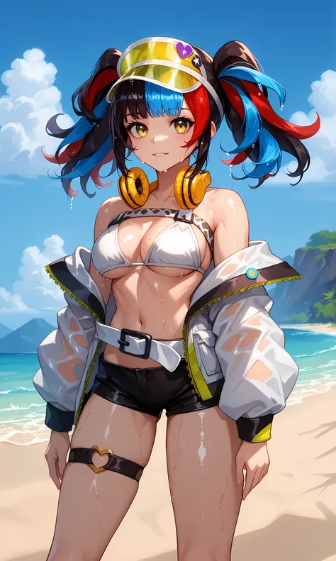 score_9, score_8_up, score_7_up, source_anime, 1girl, solo, outdoors, beach, cowboy shot, standing, looking at viewer, shiny skin, sei_shonagon_fgo, yellow eyes, multicolored hair, red hair, blue hair, black hair, twintails, long hair, bow, hairclip,green ...