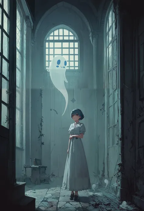 score_9, score_8_up, score_7_up, score_6_up, source_anime, 1girl, in a abandoned mansion, ghost, cute_dress