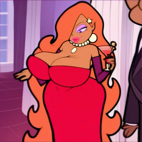 Score_9, score_8_up, score_7_up, f3m_c3leb_b3an, 1girl, breasts, dress, red dress, makeup, cleavage, long hair, necklace, jewelry, eyeshadow, pearl necklace, hair over one eye, cocktail dress, dark skin, 1boy, orange hair, side slit, lipstick, large breast...