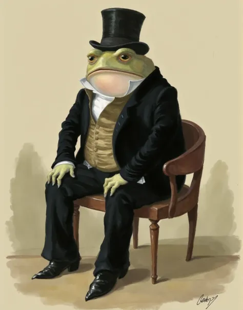 The image is a digital drawing in a classic, humorous style, reminiscent of 19th-century satirical prints. It depicts a large, anthropomorphic frog dressed in a black suit with a white shirt and a brown waistcoat, seated on a wooden chair. The frog has a h...