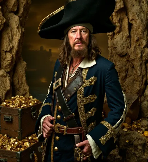 bokeh,  ((portrait photo)) , standing,   <lora:hector-barbossa-flux-b2rb0:1.3> b2rb0,  pirate, cave with a small lake, on the bags chests full of gold, treasures all around,