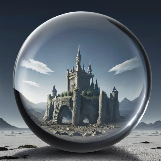 wasteland, glass ball with black castle, mountains, <lora:GlassBallConcept:0.5>