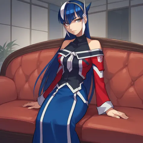 score_9_up, score_8_up, BREAK, OptimusPrime, 1girl, solo, blue hair, long hair, grey eyes, headgear, shirt, long red sleeves, bare shoulders, long blue skirt,   <lora:OptimusPrime_RYUSEI-R_PXL_Leaf1:1>,  sitting on couch, indoors,