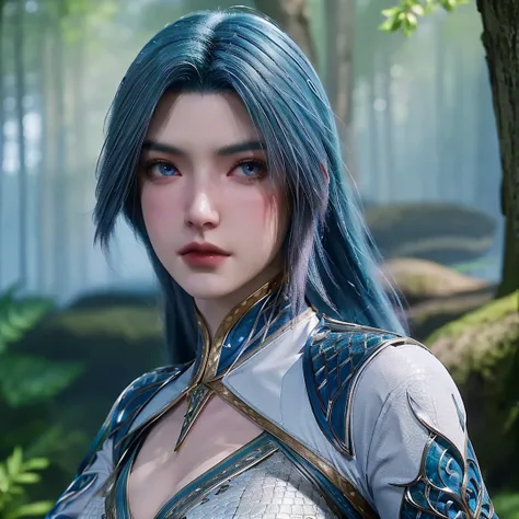 1girl,solo,long hair,blue hair,gradient hair,blue eyes,breasts,dress,(looking at viewer),blurry,portrait,upper body,outdoors,day,sky,((glowing)),forest,(scenery),Highly detailed,(ultra-detailed),(best quality,masterpiece:1.5),<lora:20240929-1727556316199:0...