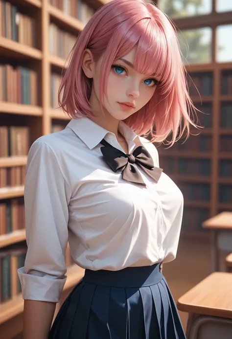 score_9, score_8_up, score_7_up, solo, 1girl, medium puffy breast, puffy lips, slender, shoulder-length pink hair, black bow in the middle of square bangs, blue eyes, thigh-high white socks, library, school uniform, (portrait), focus on eyes, looking at vi...