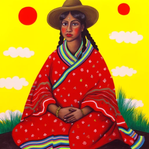 An indigenous dark skinned woman wearing traditional andean red clothes with geometrical patterns  rainbow andean textiles. She is sitting. She has a hat and black hair in braids. The sky is yellow with clouds and a red sun.