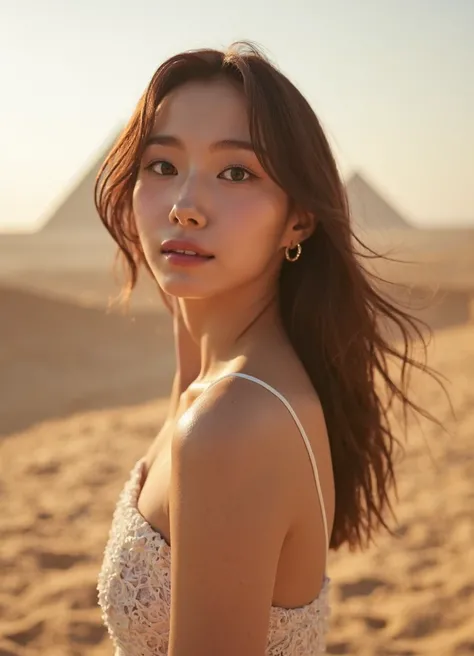 RAW photo, Seo Youngeun, a beautiful korean woman wearing a mini dress, dslr, soft lighting, high quality, film grain, Fujifilm XT3 small chin, (no freckles:0.5), (no age spots:0.5), (no cleft chin:1.5), fashion photoshoot in London, in Egypt, the pyramids...