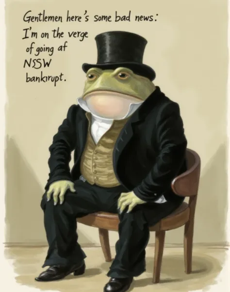 The image is a digital drawing in a classic, humorous style, reminiscent of 19th-century satirical prints. It depicts a large, anthropomorphic frog dressed in a black suit with a white shirt and a brown waistcoat, seated on a wooden chair. The frog has a h...