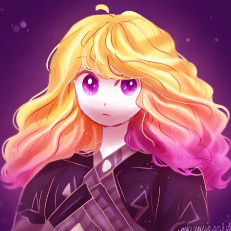 pastel color palette, golden blonde color, flowing hair that transitions from a deep purple at the roots to a vibrant pink at the ends, adding a touch of warmth to her appearance., The image is a digital drawing featuring a stylized, matching the overall c...