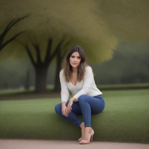 mujer sentada en el parque, cruzada de piernas en pantalones de lana