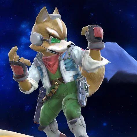 starfox, weapon, tail, animal ears, 1boy, starry sky, fingerless gloves, headset, handgun, sky