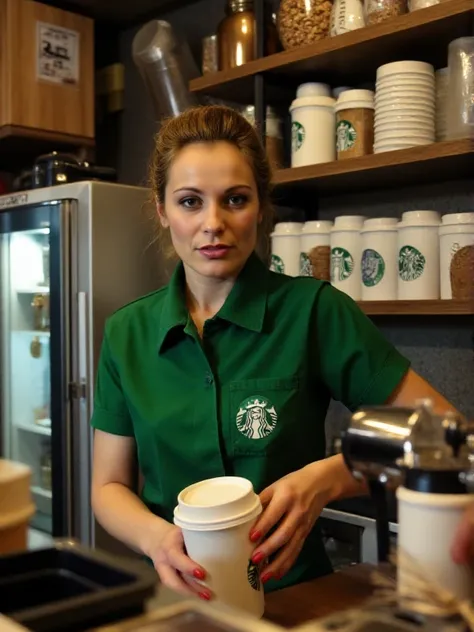 Laure Sainclair is working at starbucks and wears a starbucks uniform. she is serving coffee with the text "CIVITAI"<lora:Laure_Sainclair:0.9>