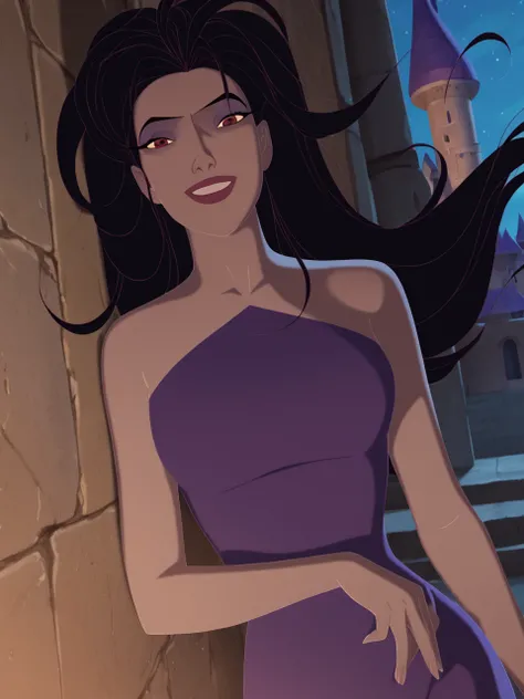 score_9, score_8_up, score_7_up,  score_6_up, BREAK, SimbEris, 1girl, solo, long hair, smile, black hair, floating hair, lips, makeup, bare shoulders, purple dress, night, castle, indoor, lean on wall, looking at viewer <lora:Eris:1>