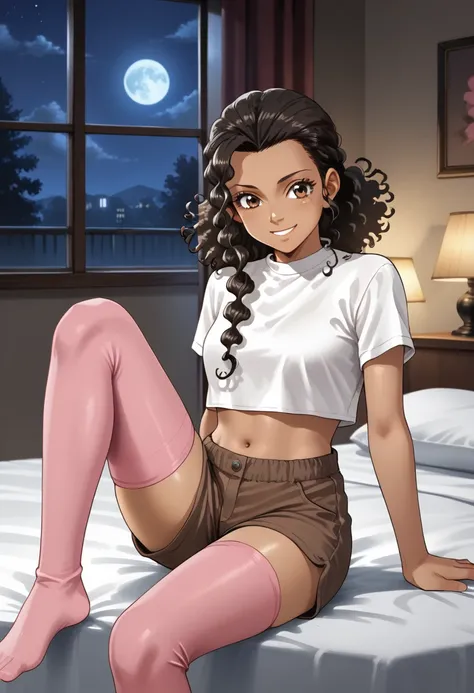 1girl, solo, CienaRee, brown eyes, black hair, long hair, curly hair, braid, dark skin, white shirt, crop top, brown shorts, pink thighhighs, <lora:Ciena Ree - Star Wars Lost Stars-000010:1>, sitting, on bed, bedroom, smile, night