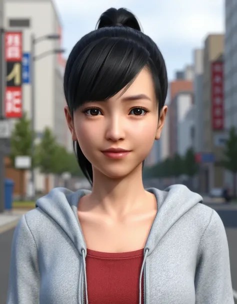 <lora:Haruka_Sawamura:0.8> Video game screenshot. Upper-body photo of hrkswmr. She has ponytail and is wearing a grey hoodie with red t-shirt underneath. She smiling. The background implies a Japanese city street at daytime.