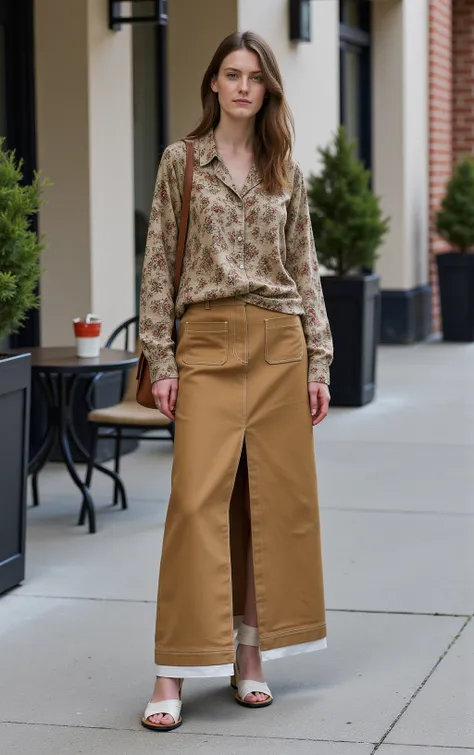 At a casual brunch, a young woman pairs her Stretch_Skirt with a flowy, bohemian-style blouse. The relaxed fit and patterns of the blouse create a charming, laid-back vibe. High heels