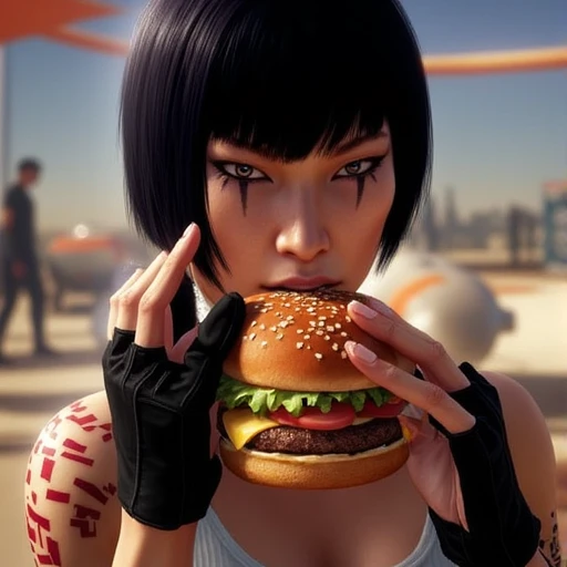 Faith Connor of the iconic game Mirrors Edge is eating a hamburger