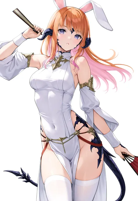 1girl, au ra, warrior of light (ff14), solo, horns, scales, tail, long hair, animal ears, detached sleeves, rabbit ears, thighhighs, pelvic curtain, looking at viewer, white background, holding, parted lips, breasts, dragon horns, pink hair, white thighhig...