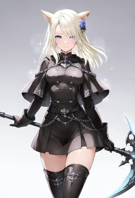 1girl, animal ears, solo, miqote, gloves, thighhighs, cat ears, thigh boots, dress, weapon, hair ornament, warrior of light (ff14), blue eyes, facial mark, holding, white background, blonde hair, scythe, black gloves, black dress, simple background, lookin...