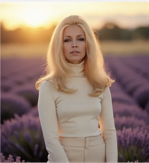 bokeh,  ((portrait photo)) outdoor, standing.  <lora:patty-pravo-flux-p2t1p:1.5> p2t1p, A p2t1p in a lavender field, soft light at sunset, wearing a cream-colored 1960s turtleneck and bell-bottom pants