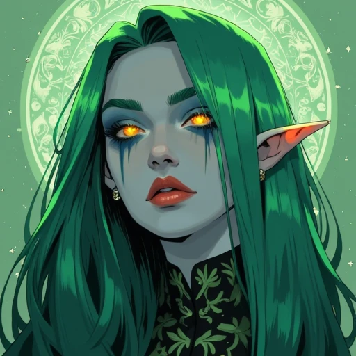 digital drawing in Neonhades style a fantasy art style, featuring a fantastical, ethereal woman with an otherworldly appearance. The subject is a woman with an elongated, pale blue face and long, flowing, emerald green hair cascading down her back. Her eye...