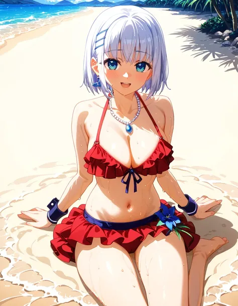 Origami, 1girl, solo, breasts, looking at viewer, blush, smile, short hair, bangs, blue eyes, hair ornament, bow, navel, cleavage, bare shoulders, jewelry, medium breasts, closed mouth, collarbone, swimsuit, braid, flower, bikini, frills, hairclip, necklac...