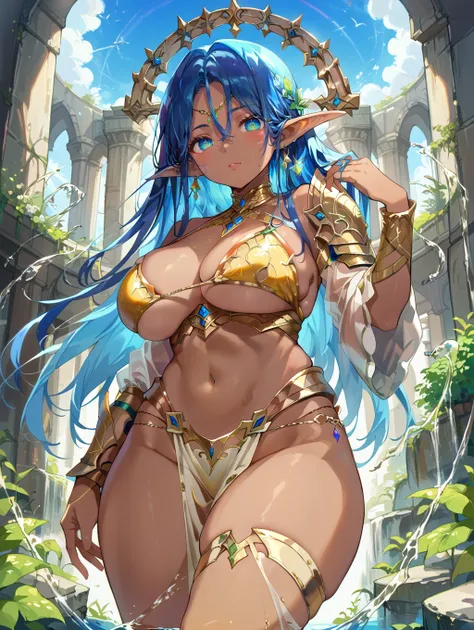 score_9, score_8_up, score_7_up,source_anime, <lora:style011:0.8>
1girl,  Elf, Very long and big breasts, wide hips, thighs, dark skin, Blue hair , wearing an erotic golden bikini armor with