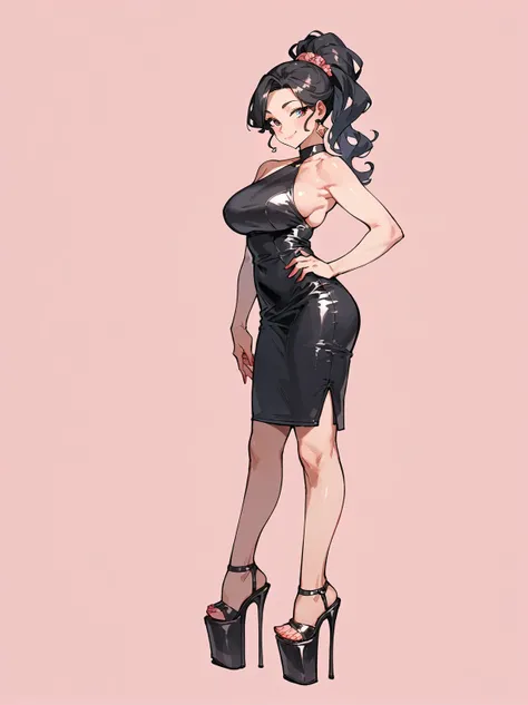 score_8_up, score_7_up, score_6_up, source_anime, 1girl, solo, simple background, pink background,
standing, pose, contrapposto, arched back, facing viewer, (full body:1.4)
smile, mature female
peep-toe heels <lora:Peep-Toe_Heels:1>
black footwear, platfor...