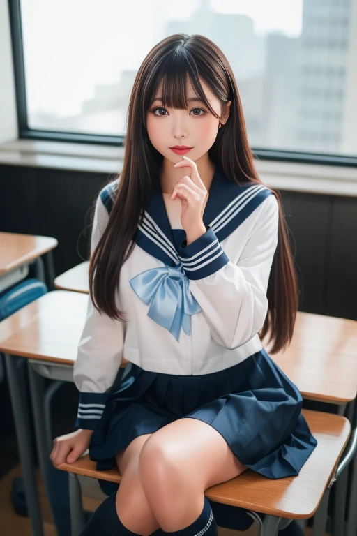 ltra-detailed,highly detailed,best quality,masterpiece,illustration, drawing, realistic, photorealistic,
1girl, solo, 
akebi, school uniform, serafuku, sailor collar, long sleeves, pleated skirt, blue neckerchief, socks, loafers, 
long hair, bangs, 
lookin...