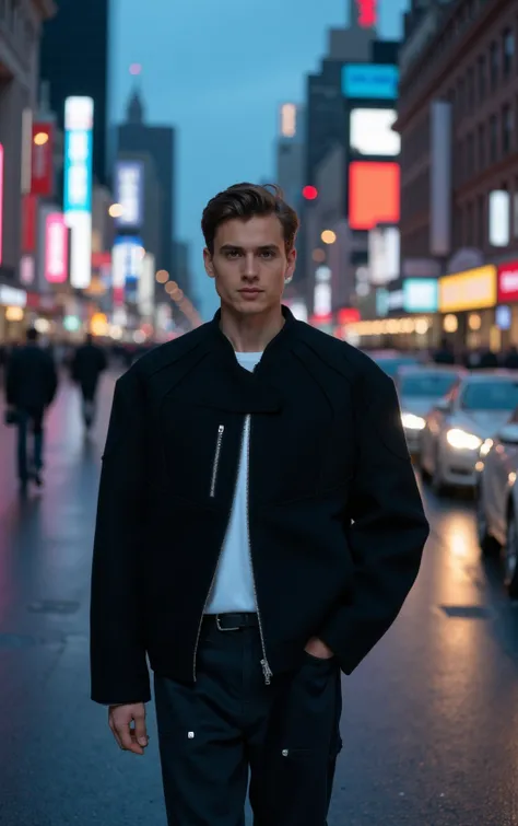 A young man strides through a bustling city at dusk, the neon lights reflecting off the wet pavement as cars rush by in the background. The vibrant cityscape contrasts with the mans calm demeanor, highlighted by the sleek Wool_Racing_Jacket he wears. The s...