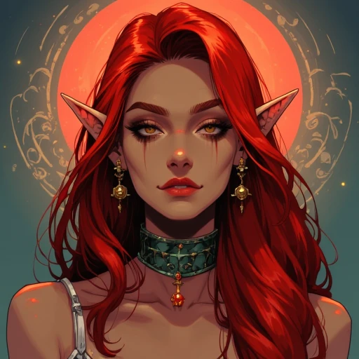 digital drawing in neonhades style a vibrant, semi-realistic style, faktoring a fantastical, elven woman. she has striking, long...