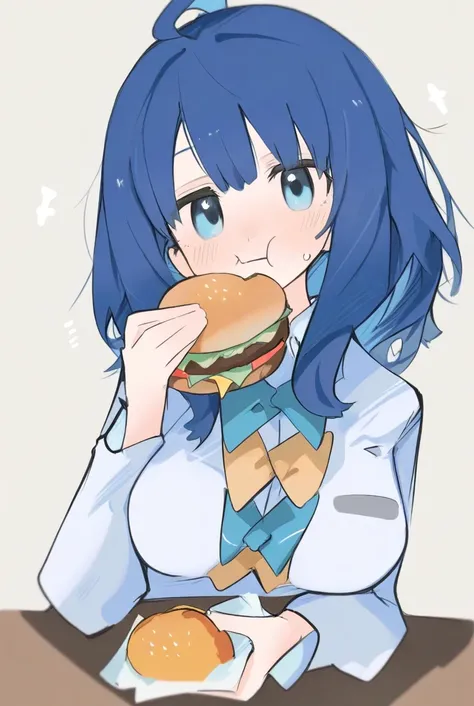 1girl,
(,yanami anna,blue hair,blue eyes,ahoge ),
mikozin,
school uniform,upper body, eating,burger, 
<lora:baiquan_IllXL:1>,
absurdres,best quality,