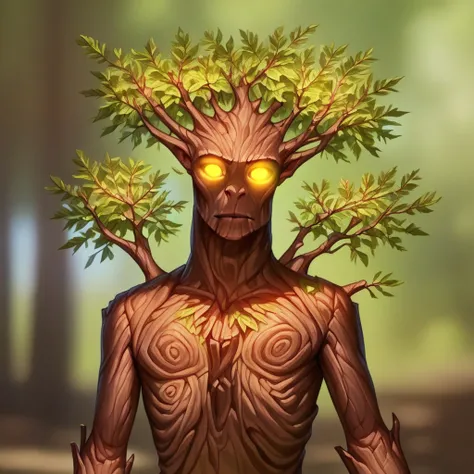 (((beautiful, detailed, high quality))), upper body, solo, ent, anthro tree, glowing eyes, 1 male, brown bark, green foliage, yellow eyes, blurred background,