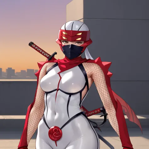 <lora:hibana_pony_v1:.8>  Hibana, 1girl, weapon on back, ninja, mouth mask, white bodysuit, medium breasts, katana, armor, covered navel, scarf, skin tight