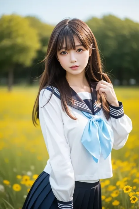 ltra-detailed,highly detailed,best quality,masterpiece,illustration, drawing, realistic, photorealistic,
1girl, solo, 
akebi, school uniform, serafuku, sailor collar, long sleeves, pleated skirt, blue neckerchief, 
long hair, bangs, 
looking at viewer, sta...