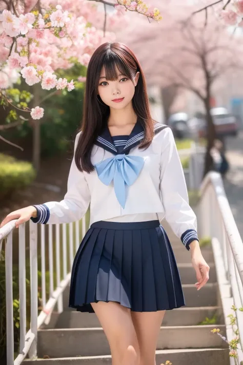 ltra-detailed,highly detailed,best quality,masterpiece,illustration, drawing, realistic, photorealistic,
1girl, solo, 
akebi, school uniform, serafuku, sailor collar, long sleeves, pleated skirt, blue neckerchief, 
long hair, bangs, 
looking at viewer, wal...
